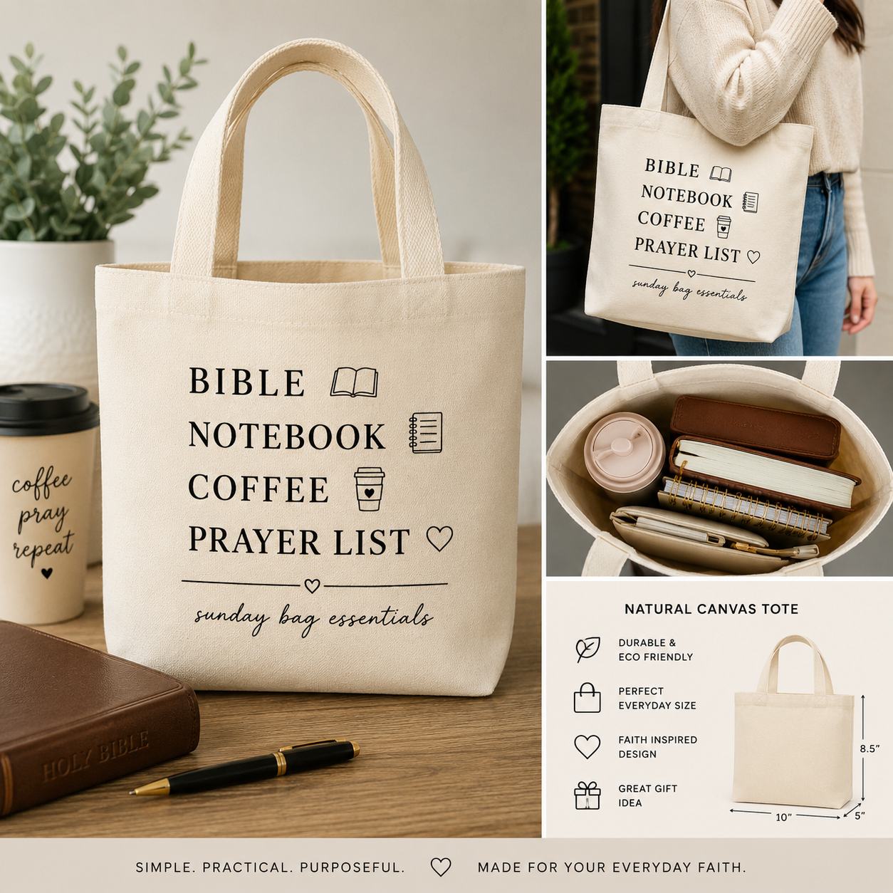 Bible Study Tote Bag with Bible, notebook, coffee, and prayer list design